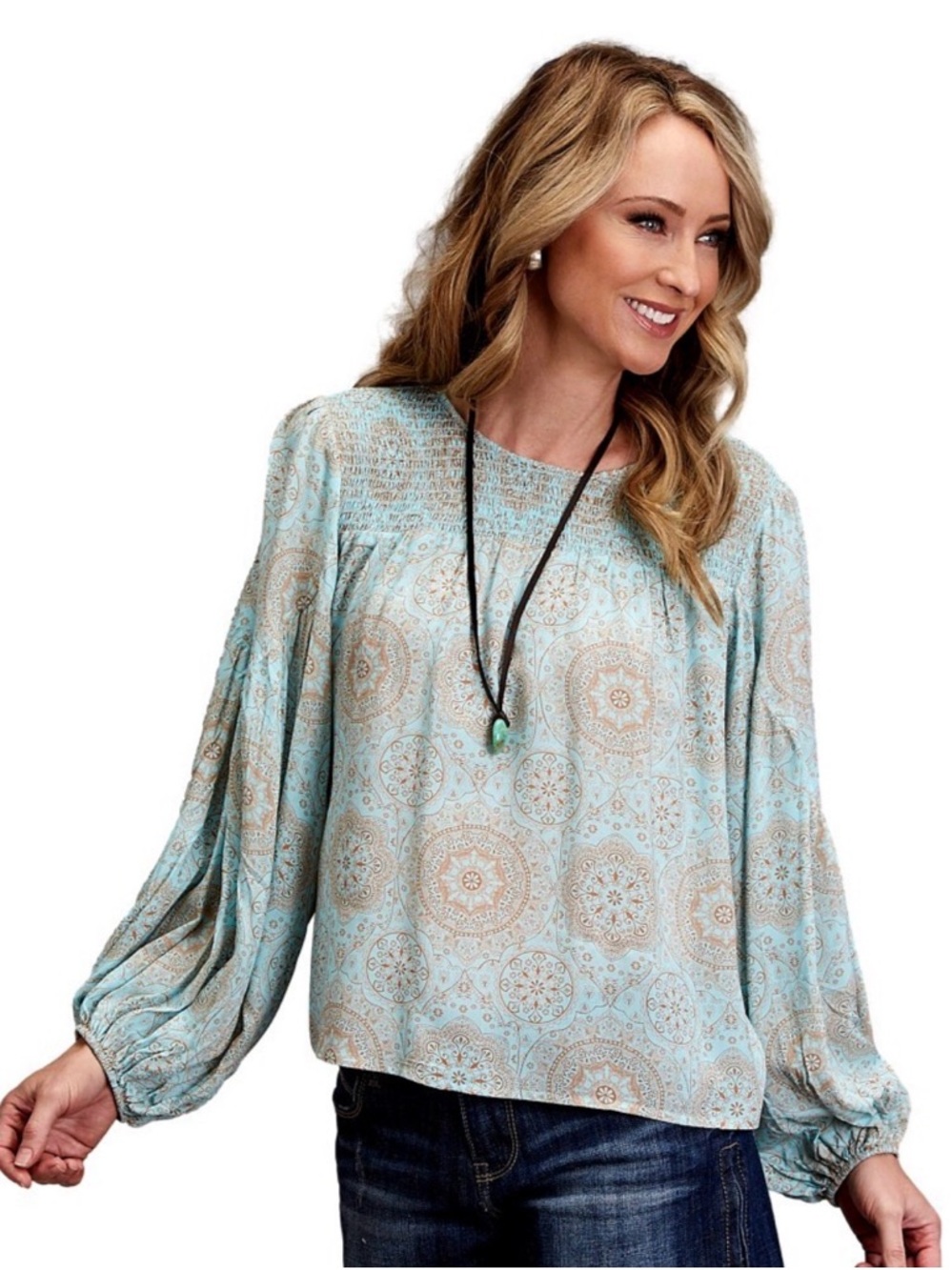 STETSON WOMEN'S LONG SLEEVE MEDALLION PRINT SHIRT BLOUSE L